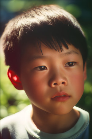 Portrait of a little asian boy in the park, Thailand.の素材