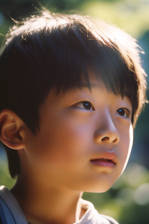 portrait of asian boy looking at the camera in the parkの素材