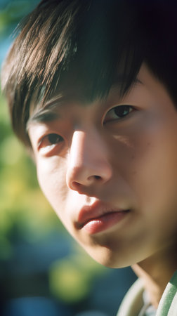 Portrait of a young boy in a park on a sunny dayの素材