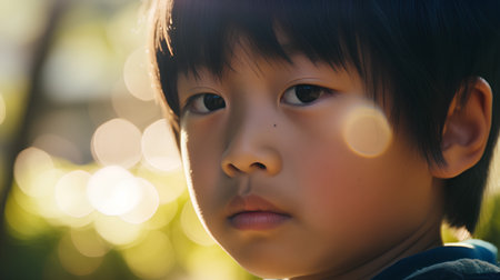 Portrait of asian boy with sun light and bokeh backgroundの素材