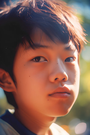 Portrait of young Asian boy in the park. Soft focus.の素材