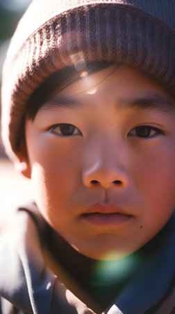 Portrait of a cute asian boy in winter clothes and hatの素材