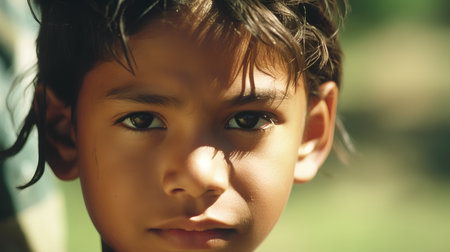 portrait of a young boy with brown eyes looking at the cameraの素材
