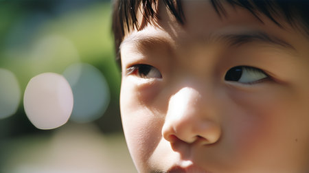 Portrait of asian boy looking at camera in the park.の素材