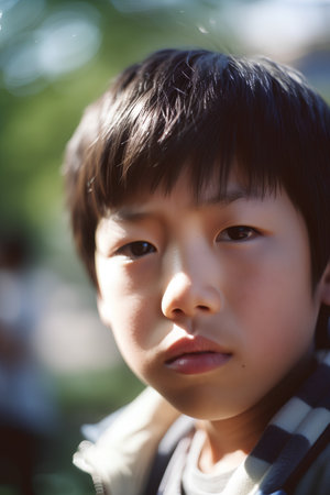 Portrait of a young asian boy looking at the camera.の素材