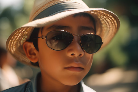 Portrait of a boy wearing hat and sunglasses in the park.の素材