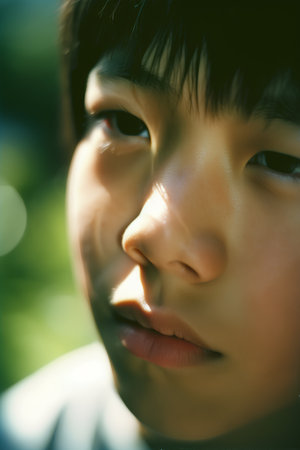Portrait of a young Asian boy, close-up shot.の素材