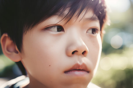 Portrait of a beautiful asian boy looking at the camera.の素材