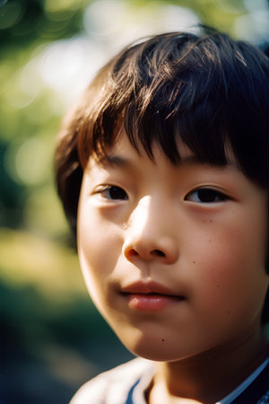 Portrait of a young asian boy looking at camera outdoors.の素材