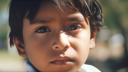Close up of little boy's face looking at camera in the parkの素材