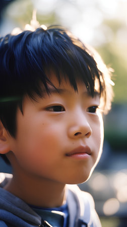 Portrait of a cute little asian boy in the park.の素材