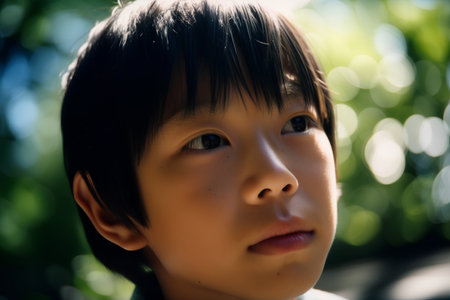 Portrait of asian boy in the park. Shallow DOFの素材