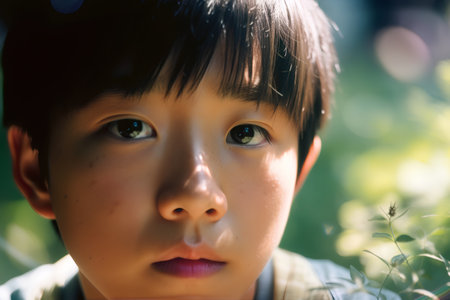 Portrait of a young asian boy in the park. Focus on eyes.の素材