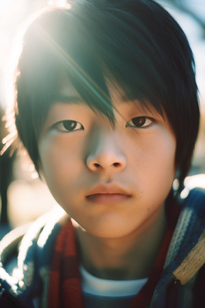 Portrait of a beautiful asian boy in a sunny day.の素材