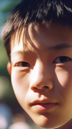 Portrait of asian boy looking at camera, close up.の素材