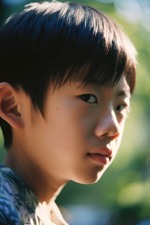 Portrait of a cute asian boy looking at the camera.の素材