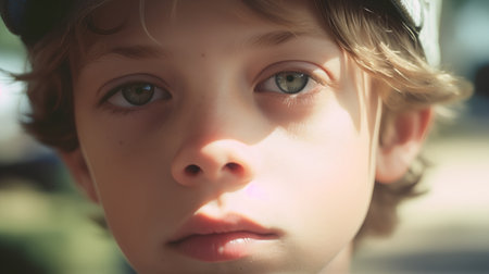 Portrait of a boy with blue eyes in the park. Selective focus.の素材