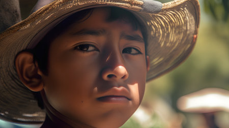 Portrait of a boy wearing a straw hat, close up.の素材