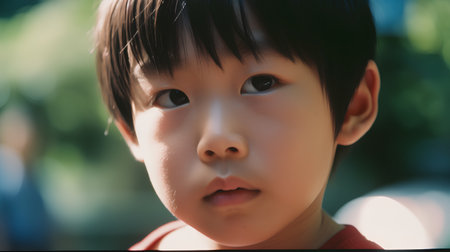 Japanese boy looking at camera (2 years old) in the parkの素材