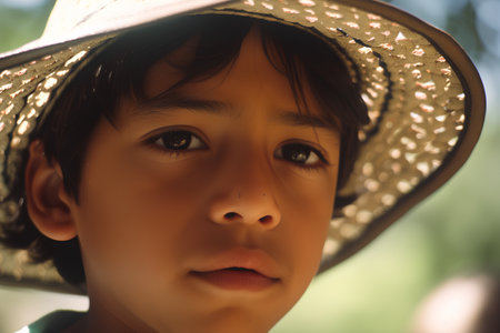 Portrait of asian boy wearing a hat in the park.の素材