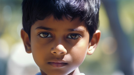 Portrait of an indian boy with blue eyes looking at the cameraの素材