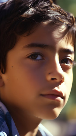 Portrait of a young boy looking at the camera in the parkの素材