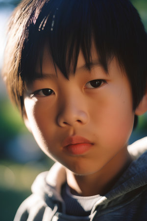 Portrait of a cute asian boy with blue eyes looking at cameraの素材