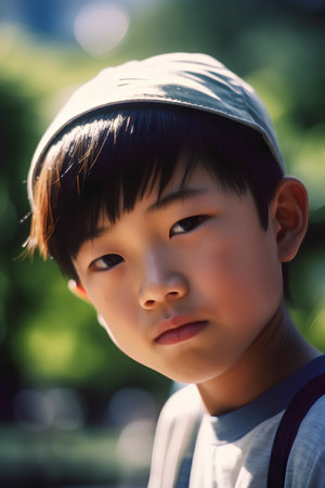 Portrait of a cute asian boy looking at camera outdoors.の素材