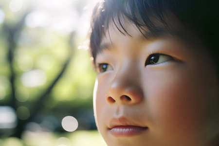 Portrait of a cute asian boy in the park. Selective focus.の素材