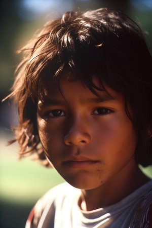 Portrait of a young boy looking at the camera with a serious expressionの素材
