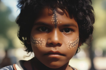 Portrait of a boy with face painted in the Indian style.の素材