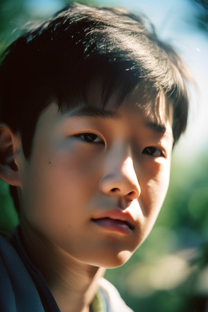 Portrait of a young asian boy looking at the camera.の素材