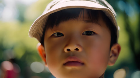 Portrait of cute asian boy wearing hat and looking at cameraの素材