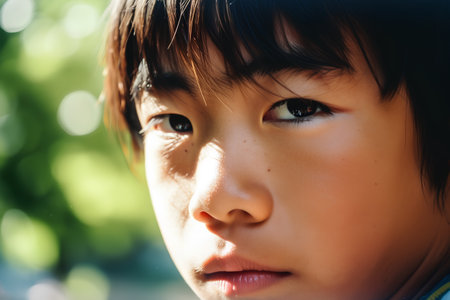 Portrait of a young boy in the park on a sunny dayの素材