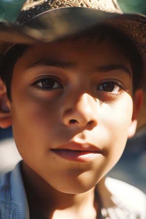 Portrait of a young boy in a cowboy hat looking at the cameraの素材