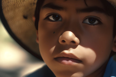 Close up of a boy wearing a straw hat looking at the cameraの素材