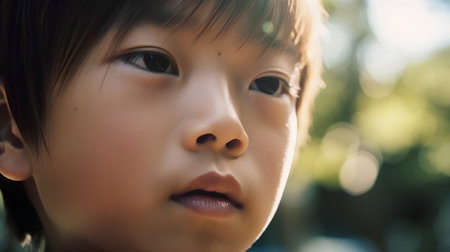 Portrait of a little asian girl in the park. Soft focus.の素材