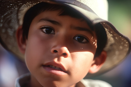 Portrait of a boy in a cowboy hat, close-upの素材