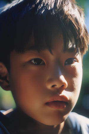 portrait of asian boy with blue eyes looking at the cameraの素材