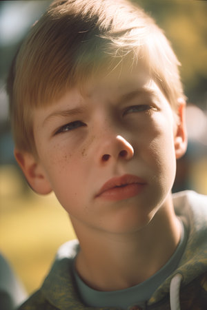 Portrait of a young boy with freckles on his faceの素材
