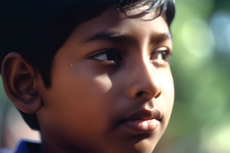 Portrait of a young indian boy with blue eyes looking awayの素材