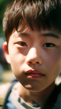 Little asian boy looking at camera, close-up portrait.の素材