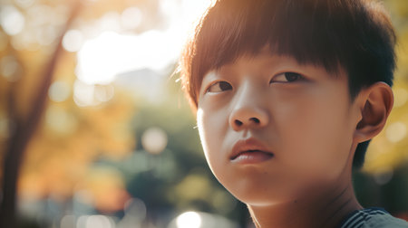 Portrait of a young asian man in the park with sunlightの素材