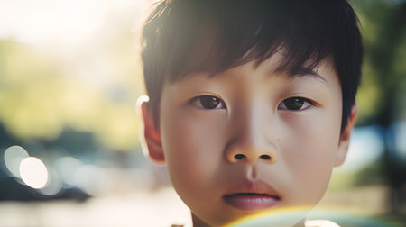 Portrait of a boy looking at camera in the park with lens flareの素材