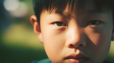 Close up asian boy face in the park with filter effect retro vintage styleの素材