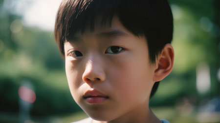 Portrait of a cute asian boy in the park, shallow depth of fieldの素材