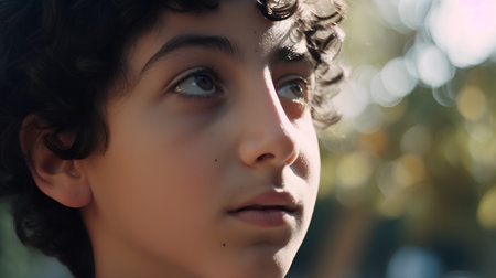 Portrait of a young boy with curly hair in the park.の素材