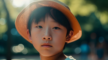portrait of asian little boy with hat looking at camera outdoorsの素材