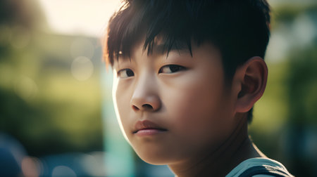 Portrait of a boy on the street in the evening light.の素材