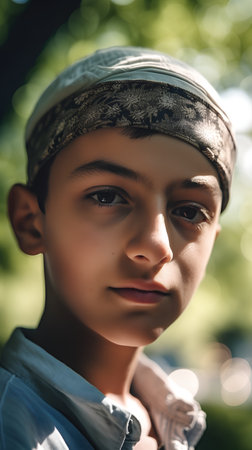 Portrait of a boy with a headscarf in the parkの素材
